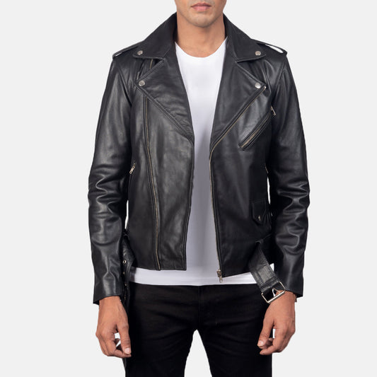 Allaric Alley Black Leather Biker Jacket - men's jacket in black cowhide leather, view 1