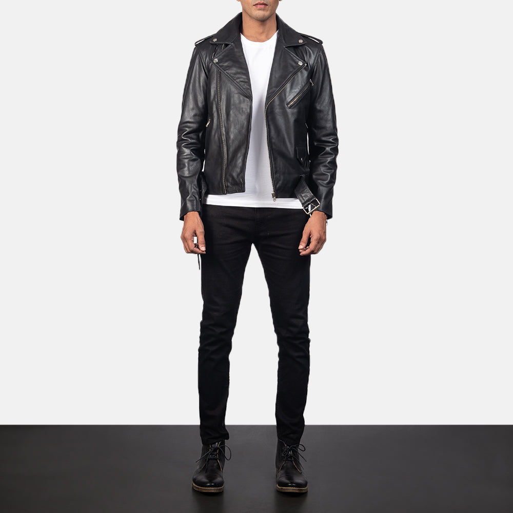 Allaric Alley Black Leather Biker Jacket - men's jacket in black cowhide leather, view 3