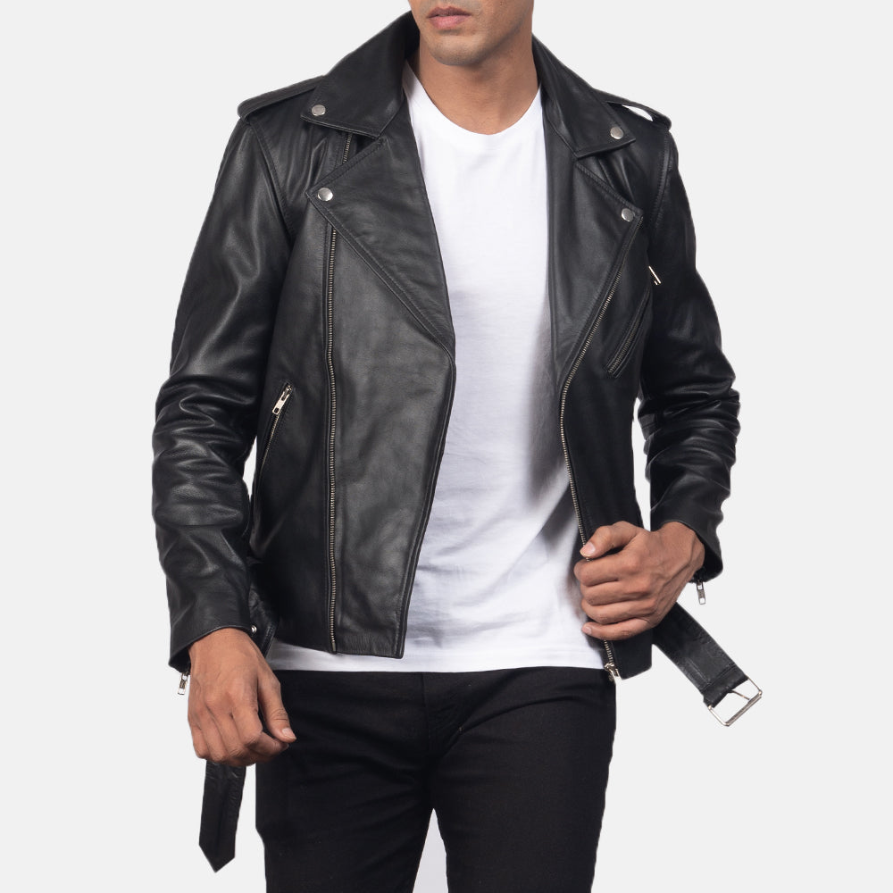 Allaric Alley Black Leather Biker Jacket - men's jacket in black cowhide leather, view 4