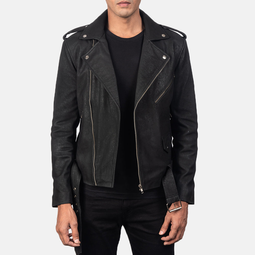 Allaric Alley Distressed Black Leather Biker Jacket - men's jacket in black sheepskin leather, view 1