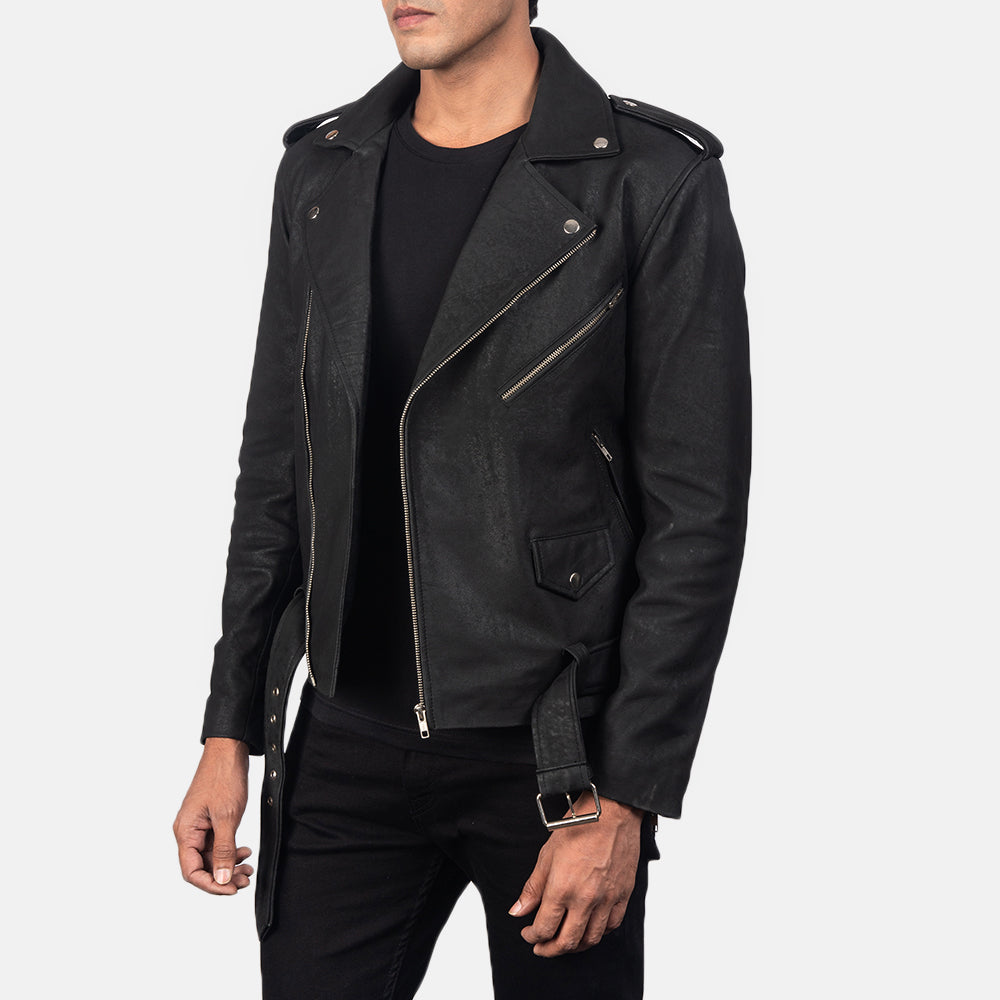 Allaric Alley Distressed Black Leather Biker Jacket - men's jacket in black sheepskin leather, view 2
