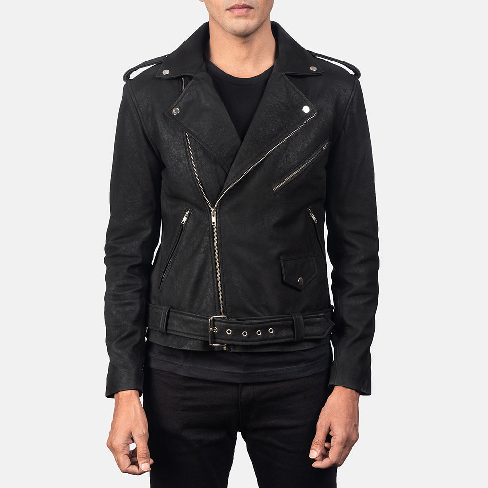 Allaric Alley Distressed Black Leather Biker Jacket - men's jacket in black sheepskin leather, view 3