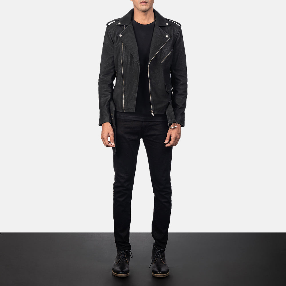 Allaric Alley Distressed Black Leather Biker Jacket - men's jacket in black sheepskin leather, view 4