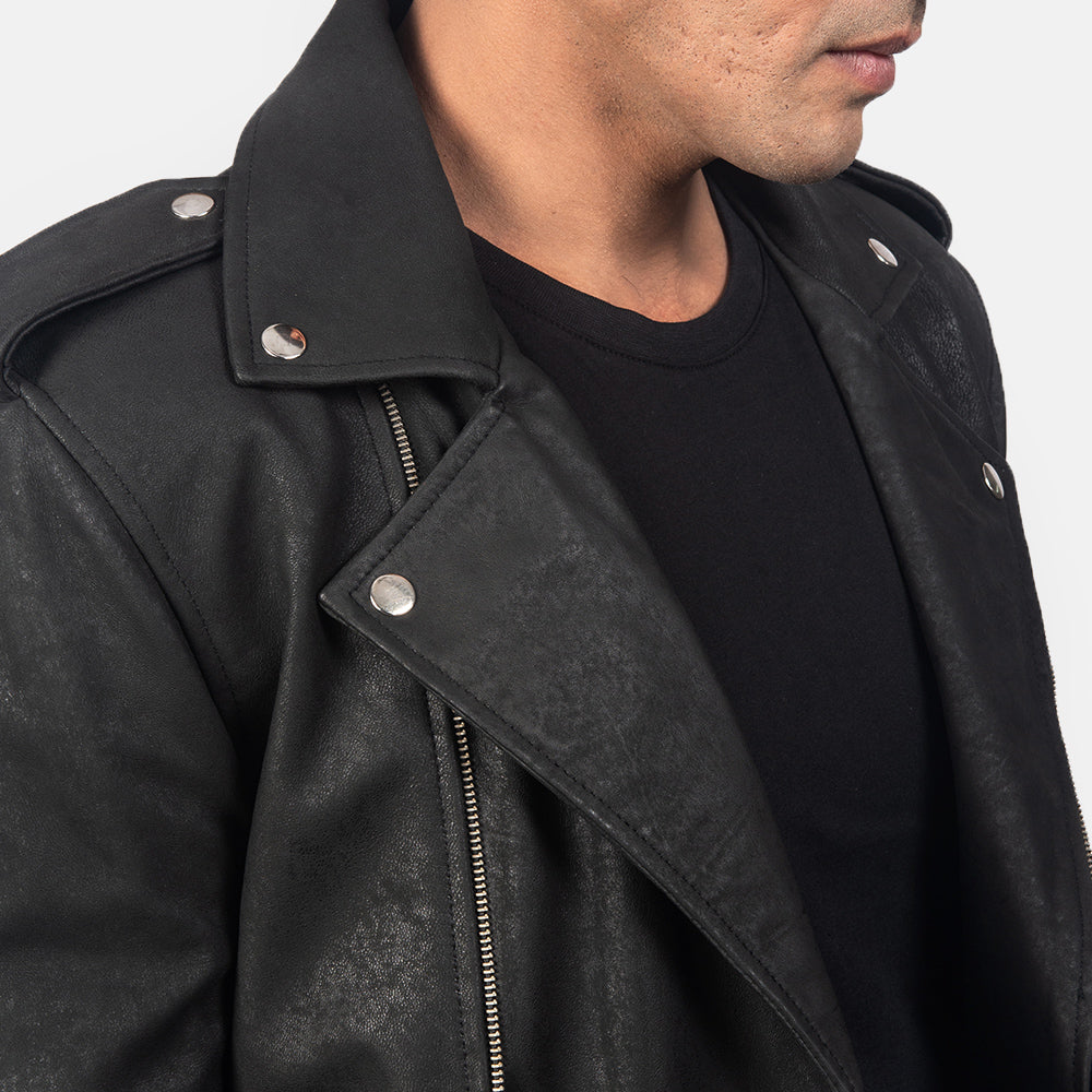 Allaric Alley Distressed Black Leather Biker Jacket - men's jacket in black sheepskin leather, view 6