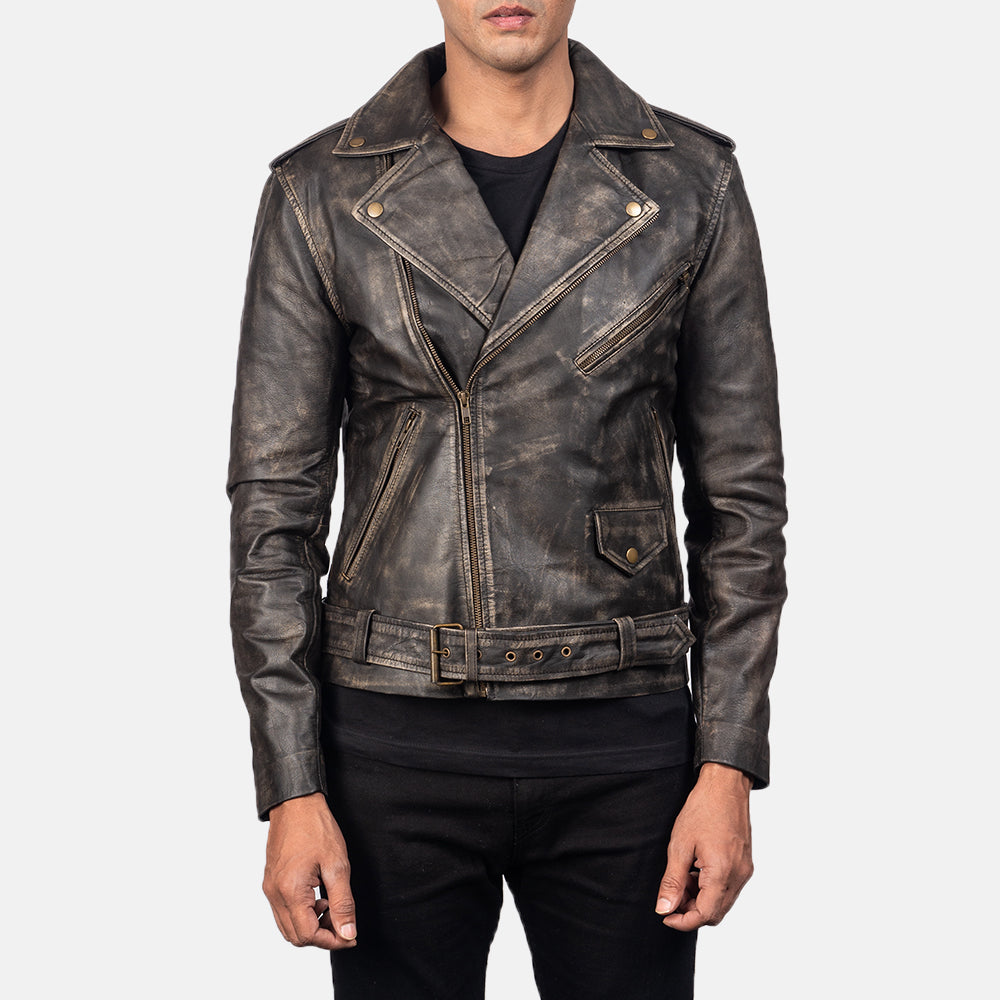 Allaric Alley Distressed Brown Leather Biker Jacket - men's jacket in brown sheepskin leather, view 1