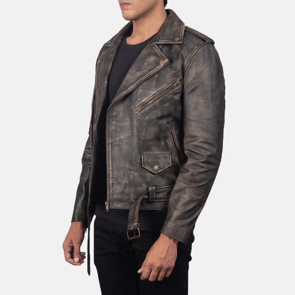 Allaric Alley Distressed Brown Leather Biker Jacket - men's jacket in brown sheepskin leather, view 2