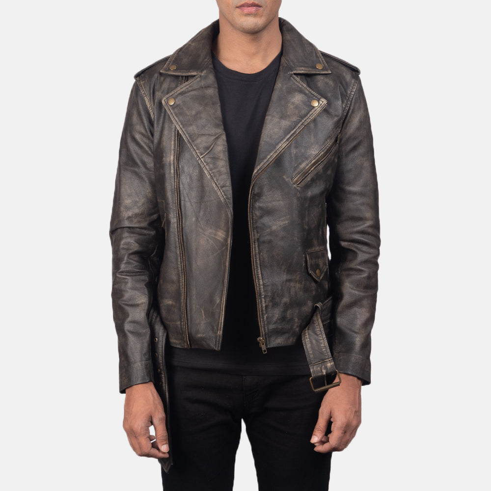 Allaric Alley Distressed Brown Leather Biker Jacket - men's jacket in brown sheepskin leather, view 3