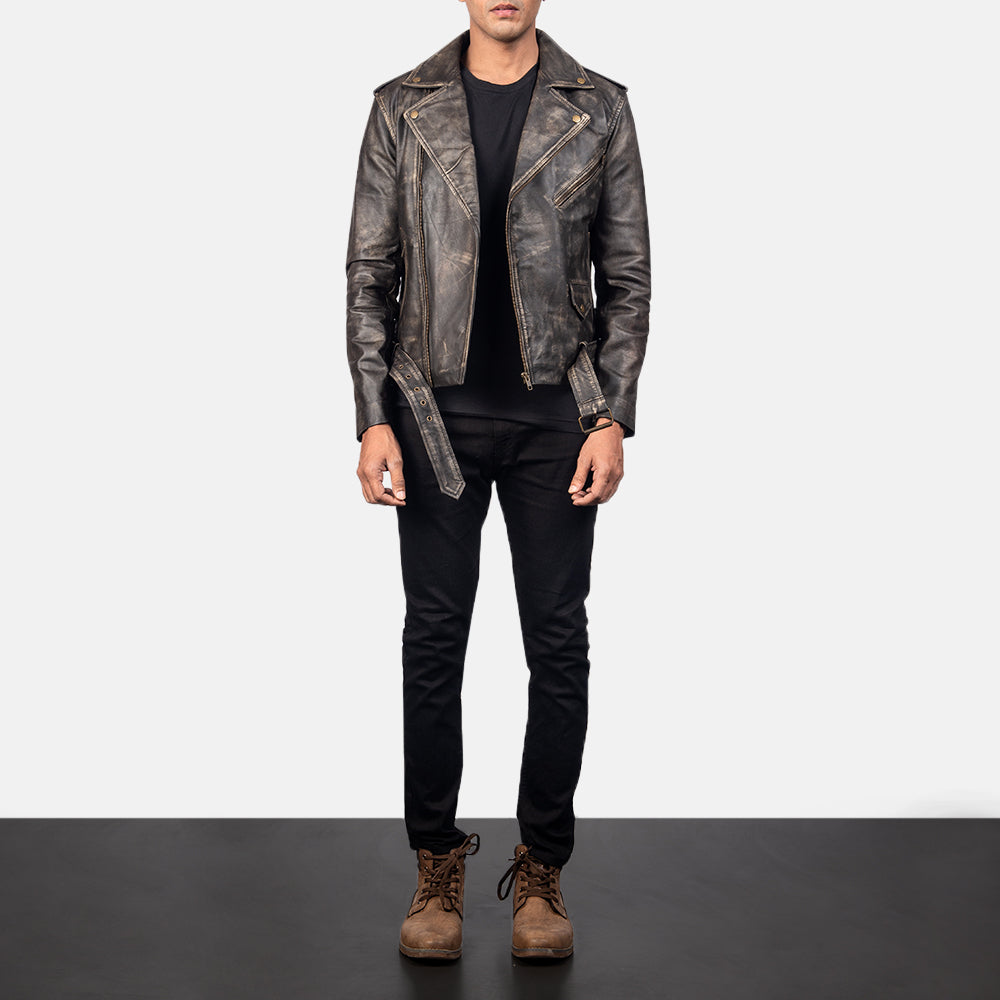 Allaric Alley Distressed Brown Leather Biker Jacket - men's jacket in brown sheepskin leather, view 4