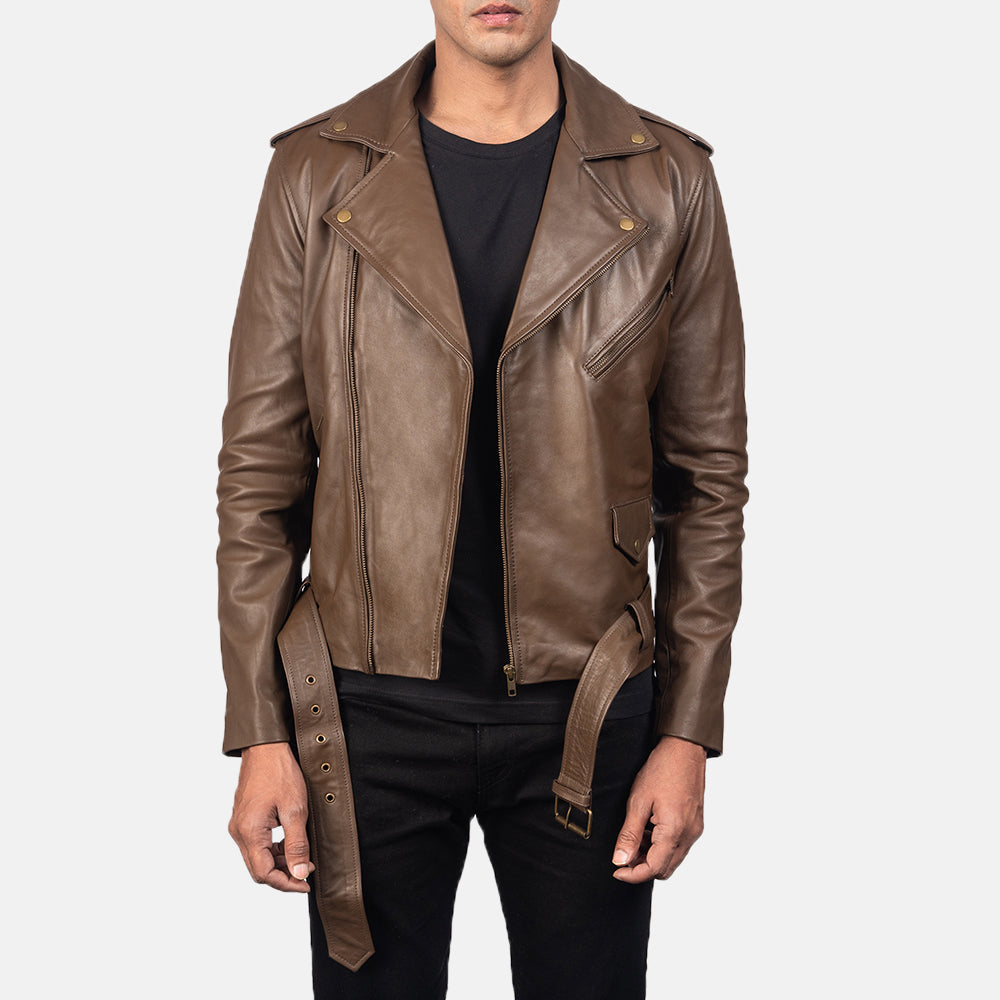 Allaric Alley Mocha Leather Biker Jacket - men's jacket in mocha sheepskin leather, view 1