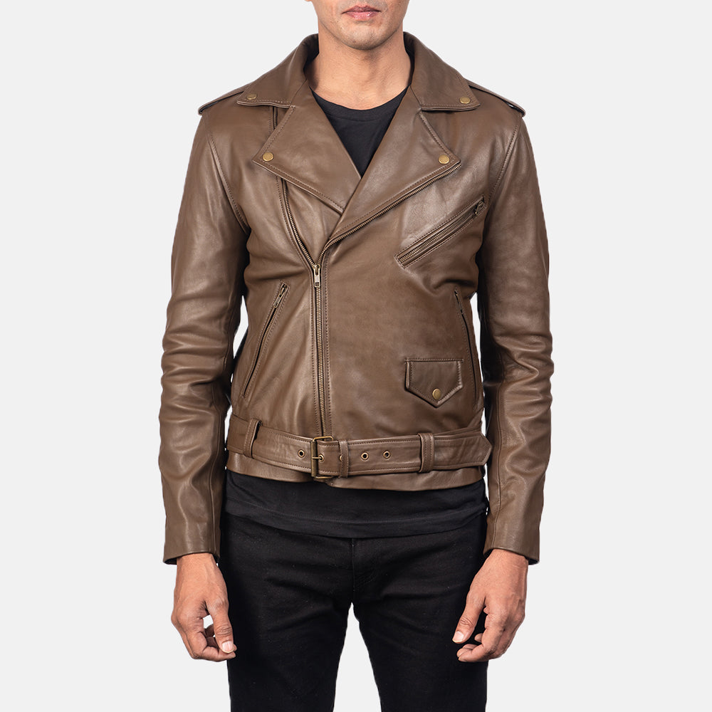 Allaric Alley Mocha Leather Biker Jacket - men's jacket in mocha sheepskin leather, view 3