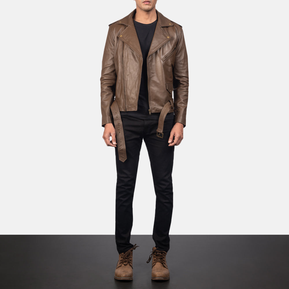 Allaric Alley Mocha Leather Biker Jacket - men's jacket in mocha sheepskin leather, view 4