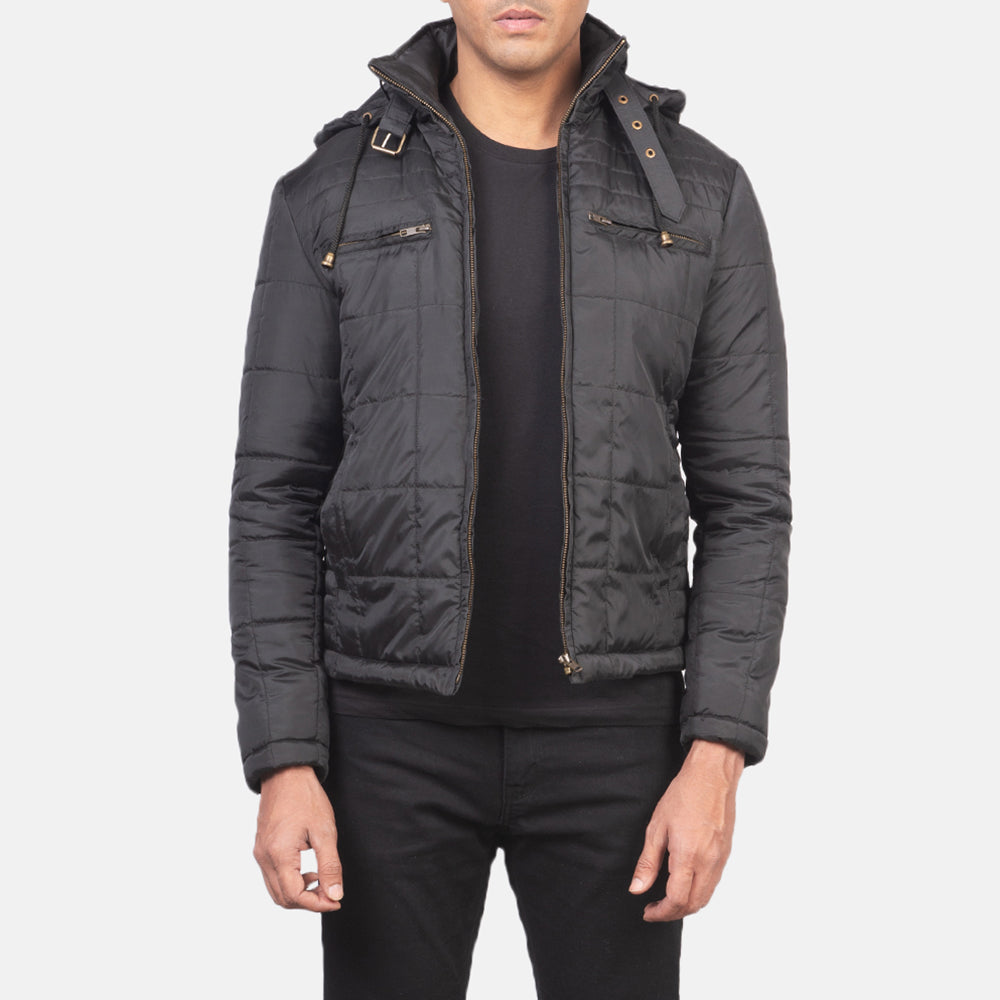 Alps Quilted Black Hooded Windbreaker Jacket - men's jacket in black nylon-polyester fabric, view 1