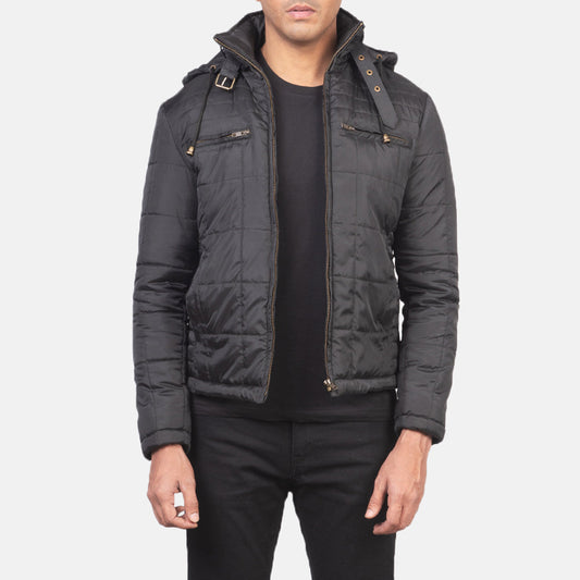 Alps Quilted Black Hooded Windbreaker Jacket - men's jacket in black nylon-polyester fabric, view 1