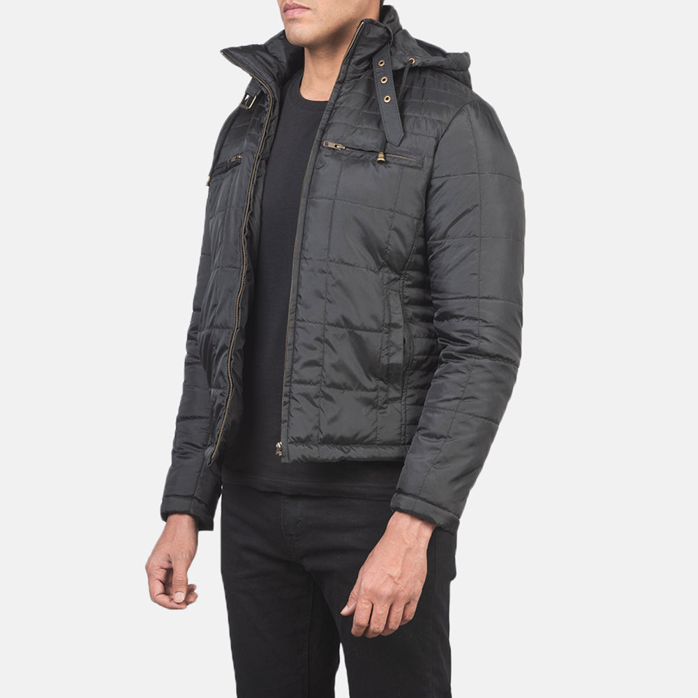 Alps Quilted Black Hooded Windbreaker Jacket - men's jacket in black nylon-polyester fabric, view 2