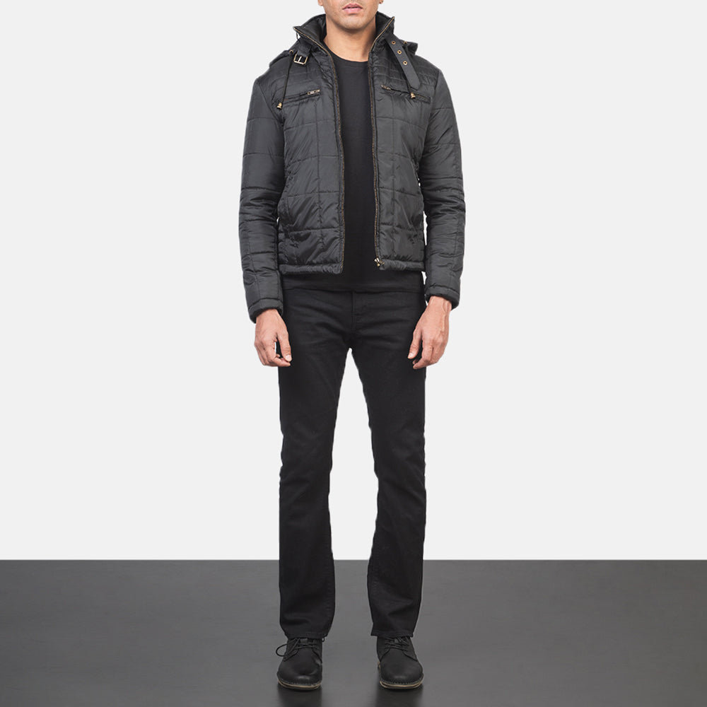 Alps Quilted Black Hooded Windbreaker Jacket - men's jacket in black nylon-polyester fabric, view 3