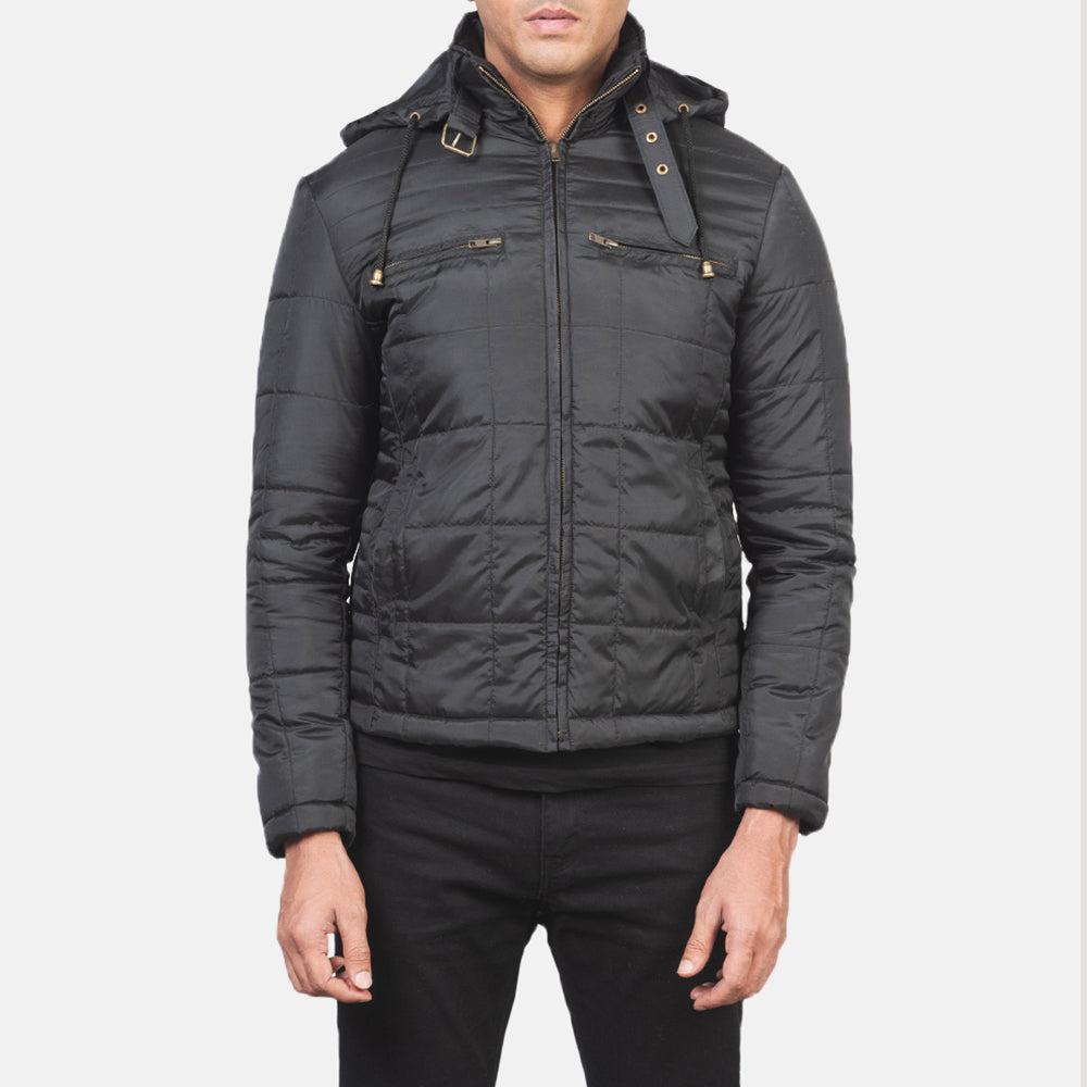 Alps Quilted Black Hooded Windbreaker Jacket - men's jacket in black nylon-polyester fabric, view 4