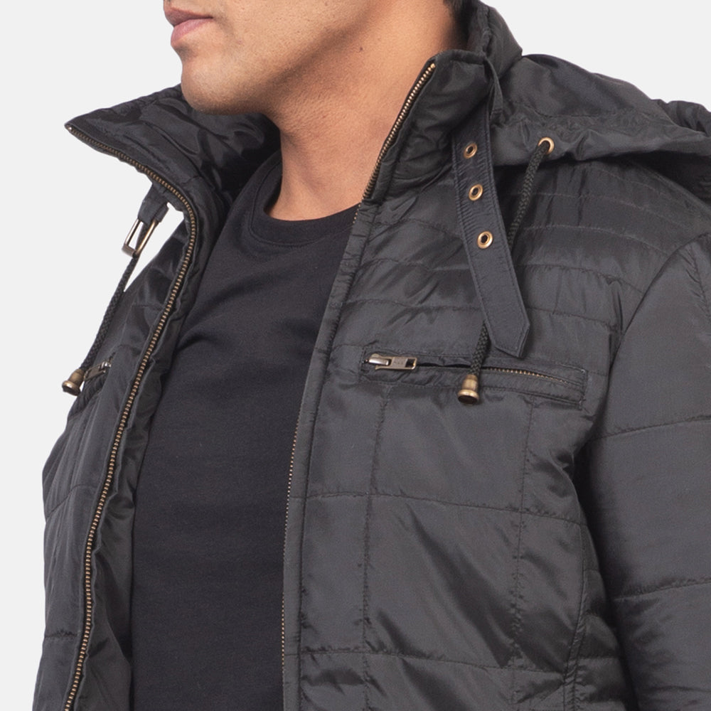 Alps Quilted Black Hooded Windbreaker Jacket - men's jacket in black nylon-polyester fabric, view 6