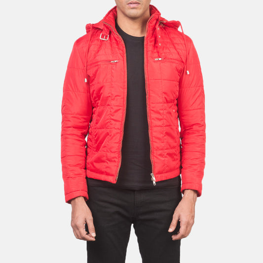 Alps Quilted Red Hooded Windbreaker Jacket - men's jacket in red nylon-polyester fabric, view 1