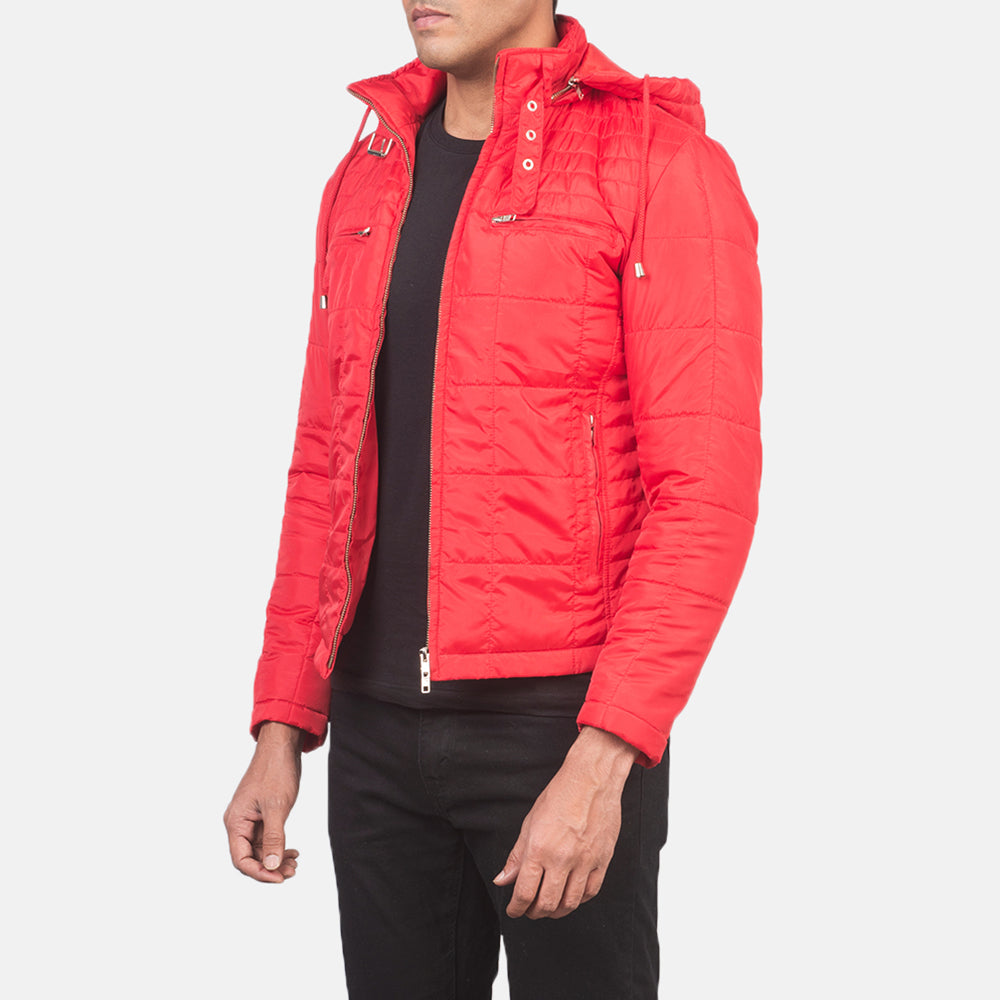 Alps Quilted Red Hooded Windbreaker Jacket - men's jacket in red nylon-polyester fabric, view 2