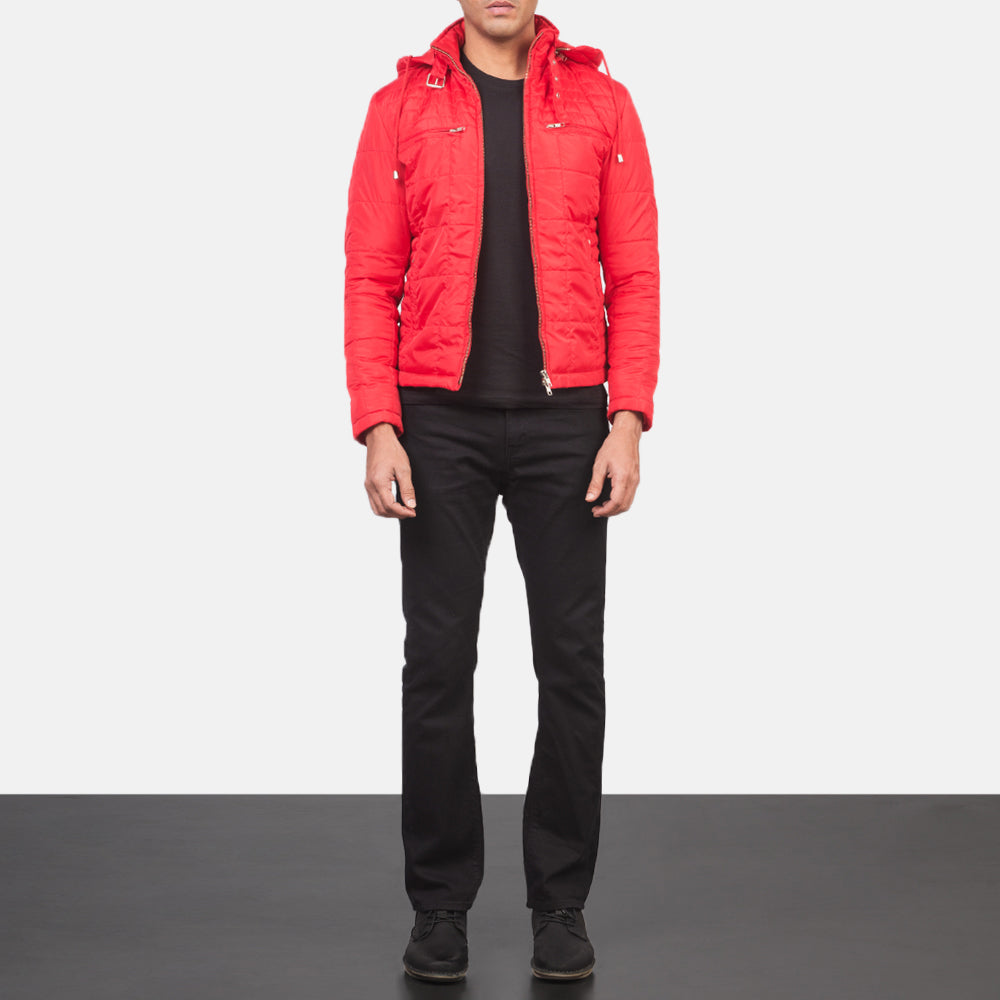 Alps Quilted Red Hooded Windbreaker Jacket - men's jacket in red nylon-polyester fabric, view 3