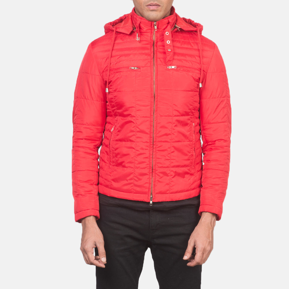 Alps Quilted Red Hooded Windbreaker Jacket - men's jacket in red nylon-polyester fabric, view 4