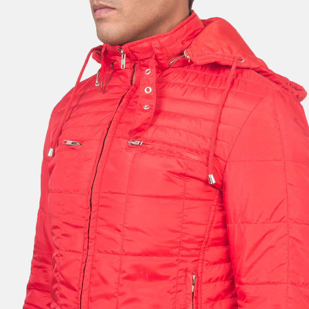 Alps Quilted Red Hooded Windbreaker Jacket - men's jacket in red nylon-polyester fabric, view 6
