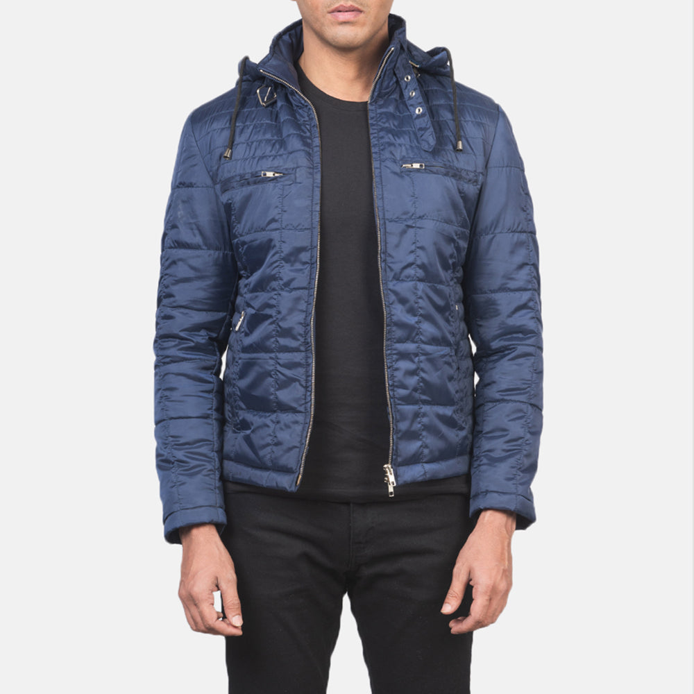 Alps Quilted Blue Hooded Windbreaker Jacket - men's jacket in blue nylon-polyester fabric, view 1