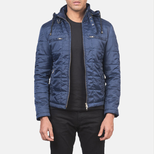 Alps Quilted Blue Hooded Windbreaker Jacket - men's jacket in blue nylon-polyester fabric, view 1