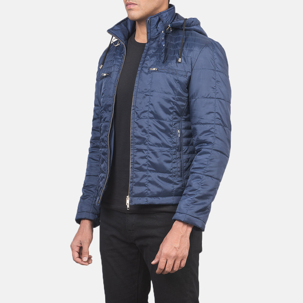 Alps Quilted Blue Hooded Windbreaker Jacket - men's jacket in blue nylon-polyester fabric, view 2