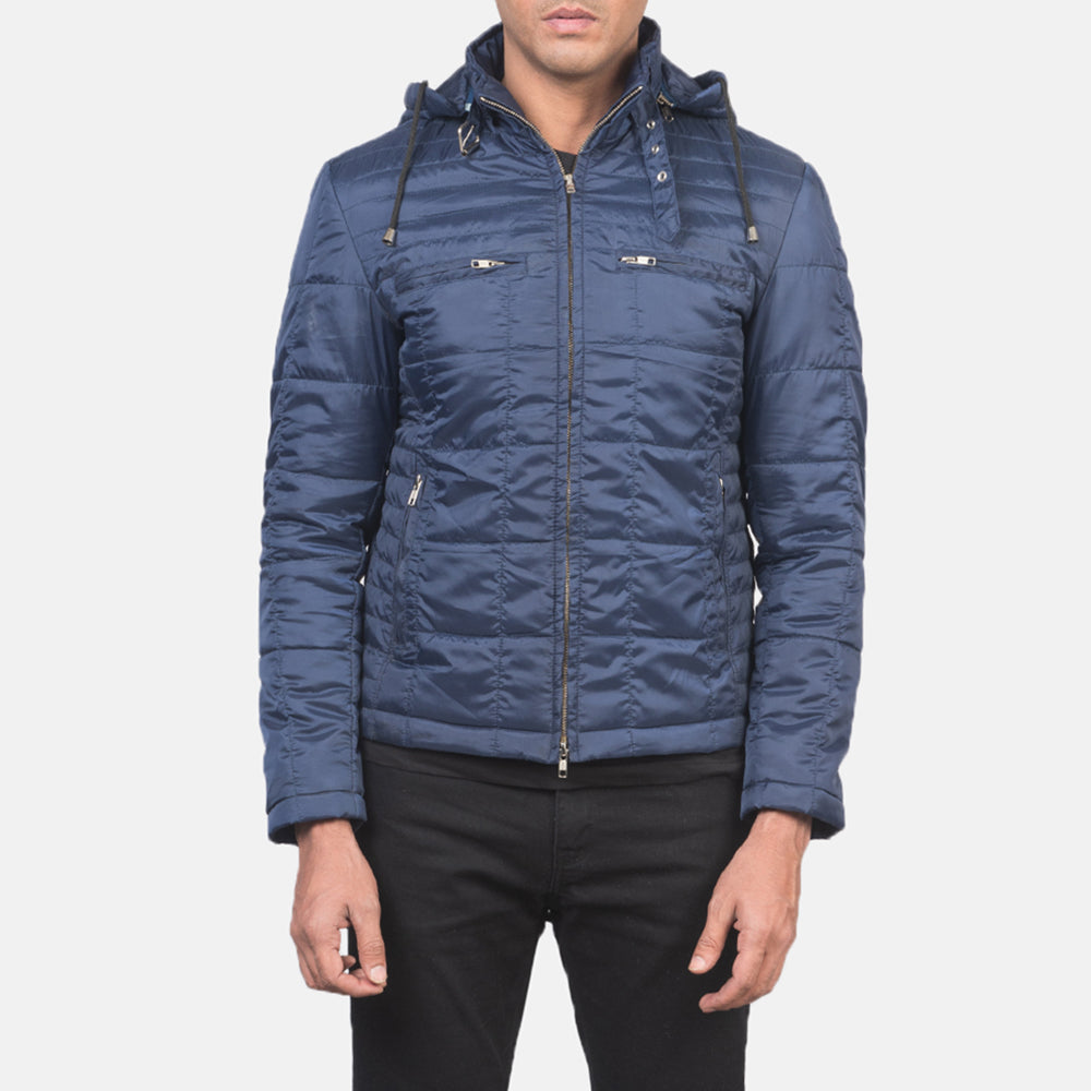 Alps Quilted Blue Hooded Windbreaker Jacket - men's jacket in blue nylon-polyester fabric, view 3