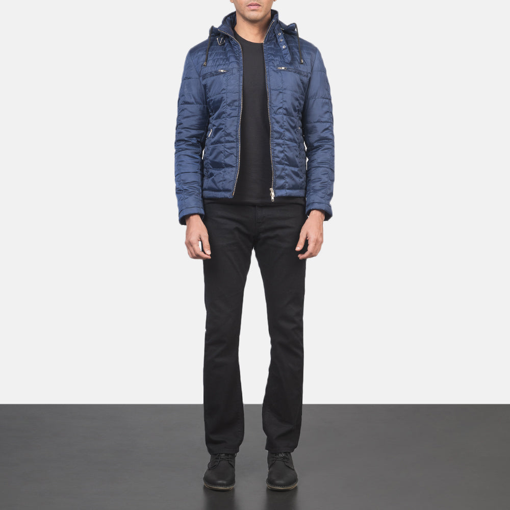 Alps Quilted Blue Hooded Windbreaker Jacket - men's jacket in blue nylon-polyester fabric, view 4