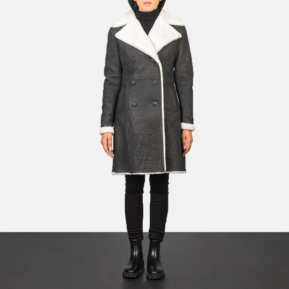 Amie Black Double Breasted Shearling Coat - women's coat in black sheepskin leather, view 1