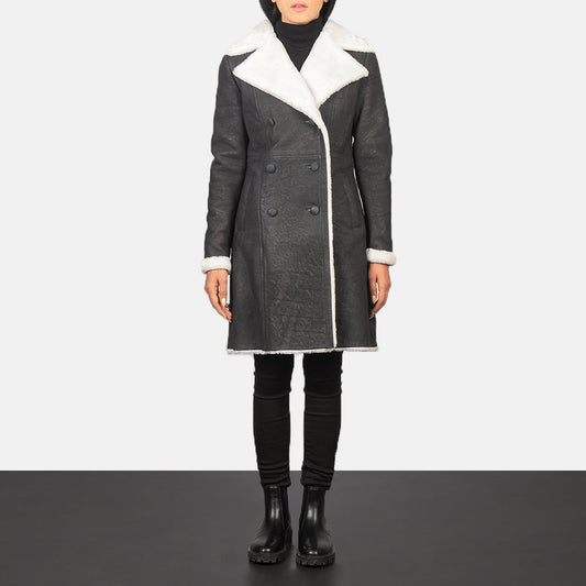 Amie Black Double Breasted Shearling Coat - women's coat in black sheepskin leather, view 1