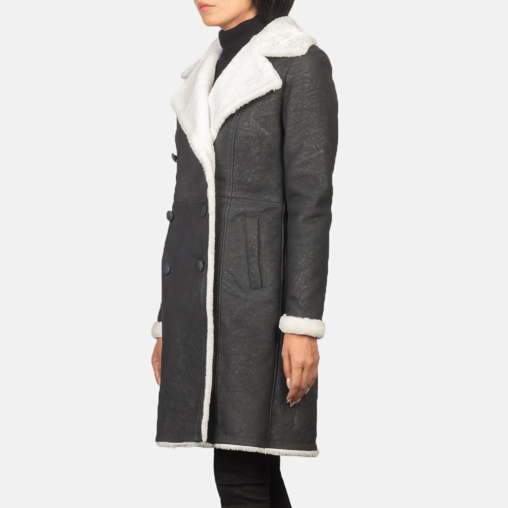Amie Black Double Breasted Shearling Coat - women's coat in black sheepskin leather, view 2
