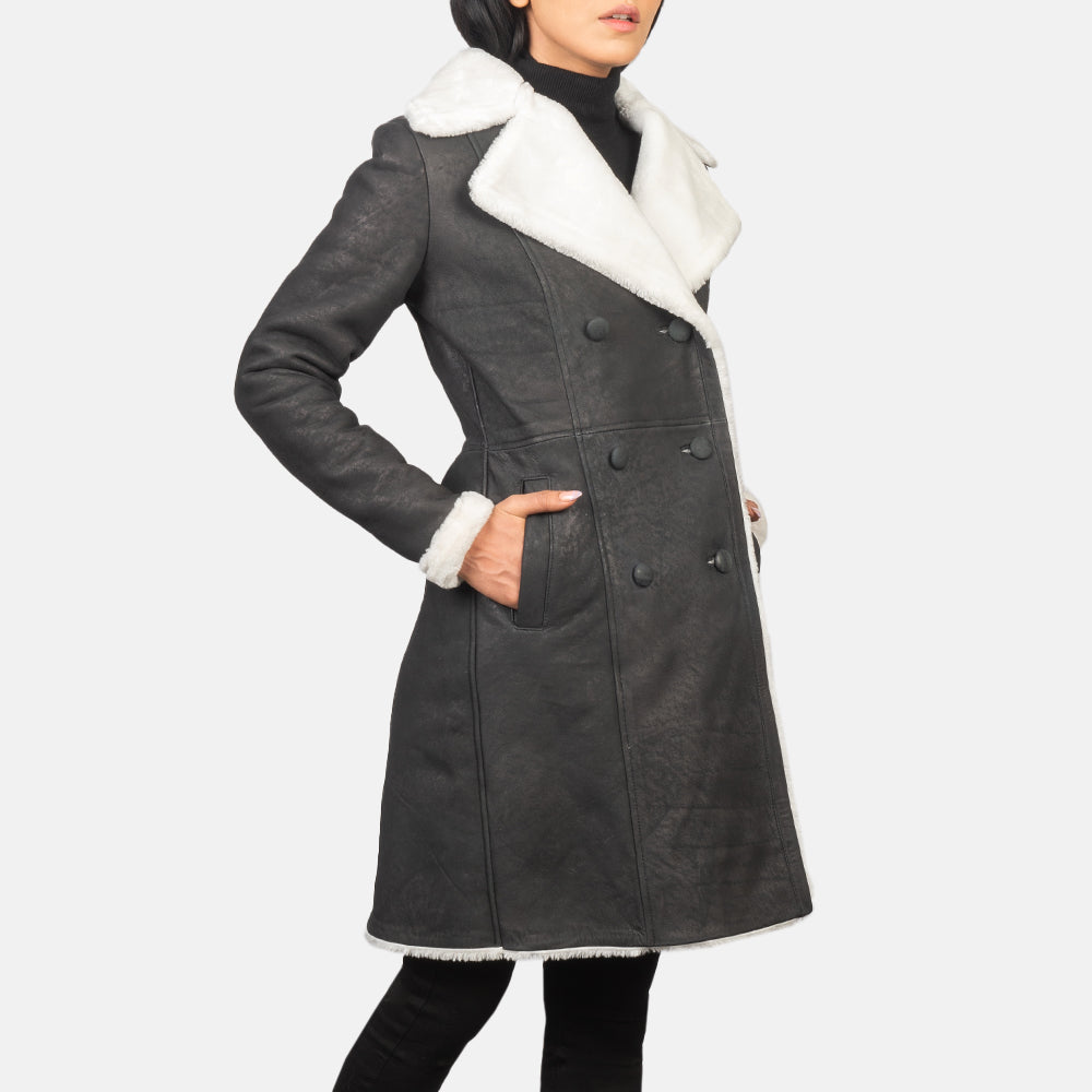 Amie Black Double Breasted Shearling Coat - women's coat in black sheepskin leather, view 3