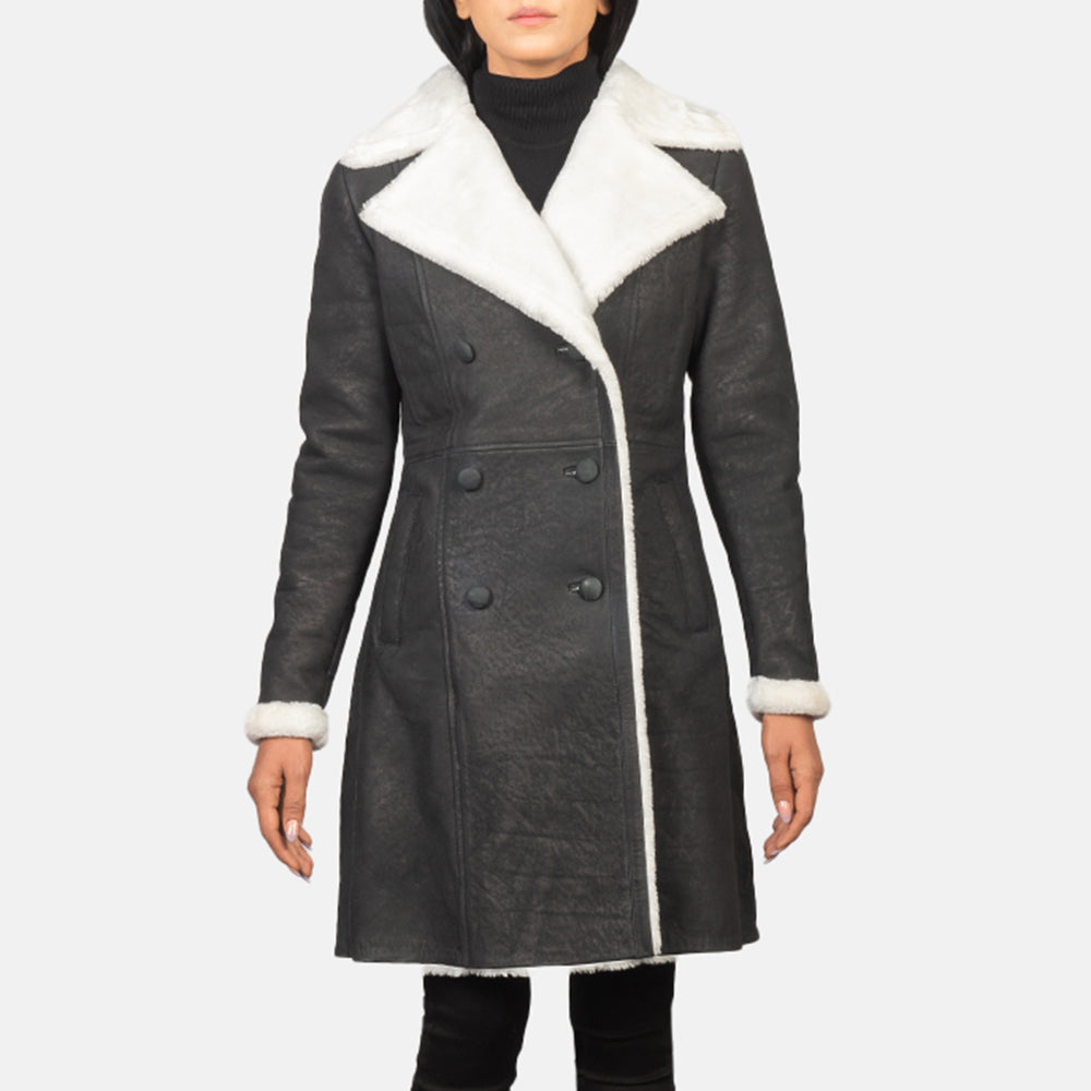 Amie Black Double Breasted Shearling Coat - women's coat in black sheepskin leather, view 4