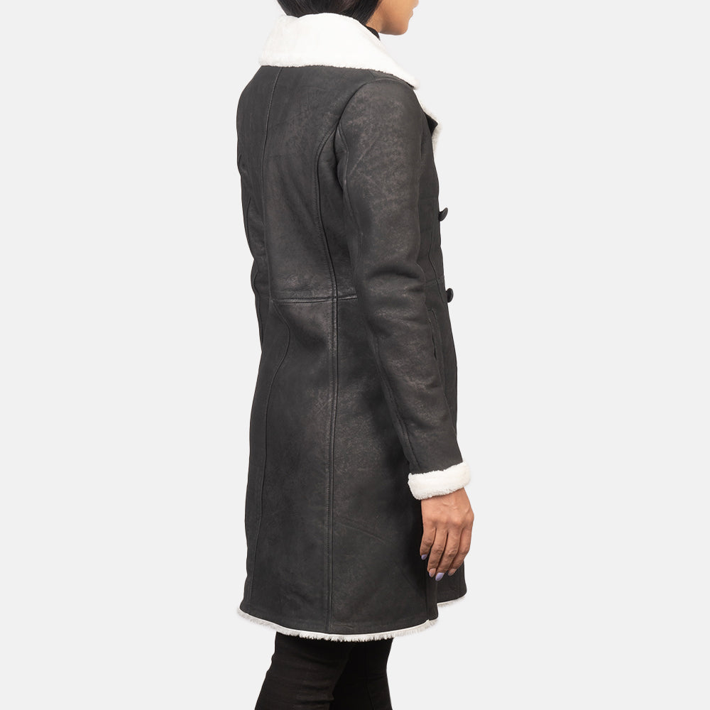 Amie Black Double Breasted Shearling Coat - women's coat in black sheepskin leather, view 5