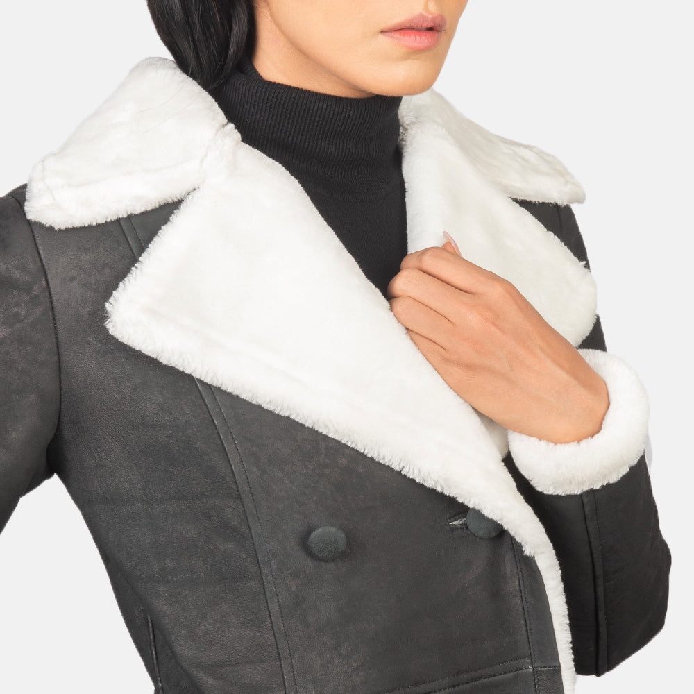 Amie Black Double Breasted Shearling Coat - women's coat in black sheepskin leather, view 6