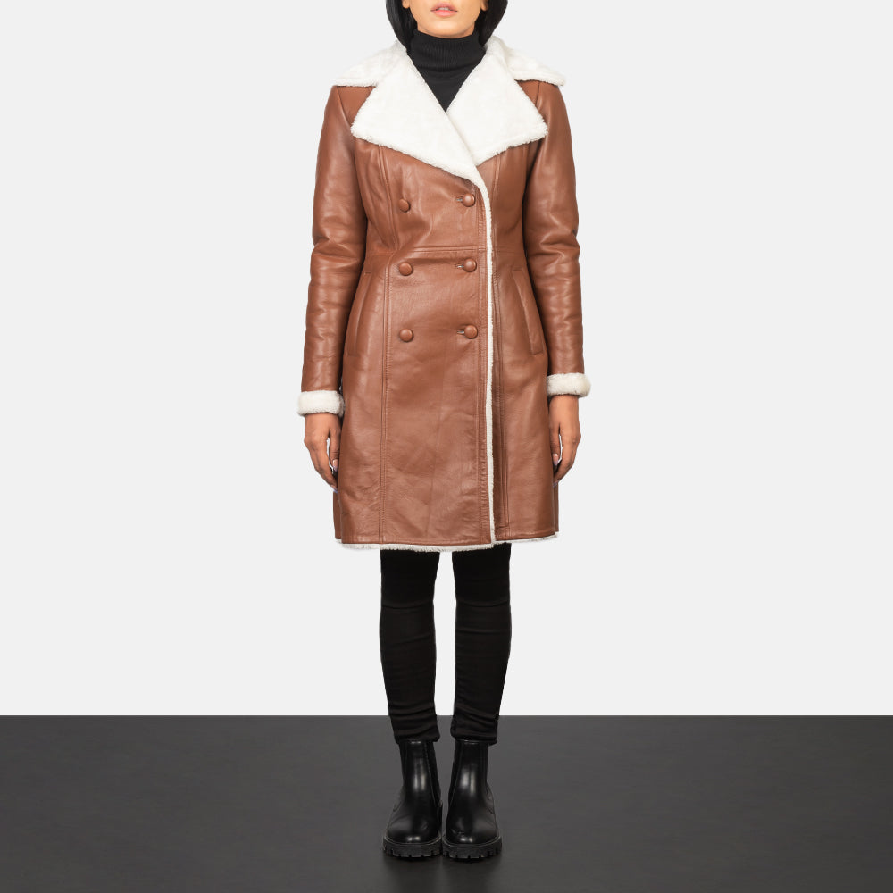 Amie Brown Double Breasted Shearling Coat - women's coat in brown sheepskin leather, view 1