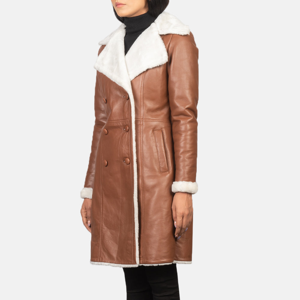 Amie Brown Double Breasted Shearling Coat - women's coat in brown sheepskin leather, view 2