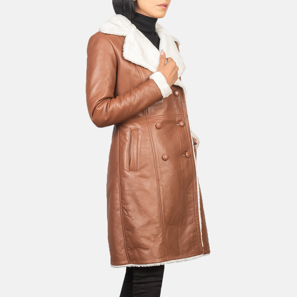 Amie Brown Double Breasted Shearling Coat - women's coat in brown sheepskin leather, view 3