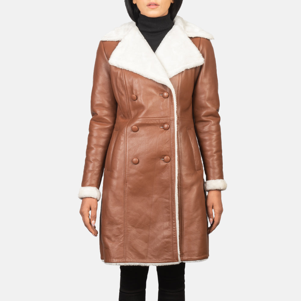 Amie Brown Double Breasted Shearling Coat - women's coat in brown sheepskin leather, view 4