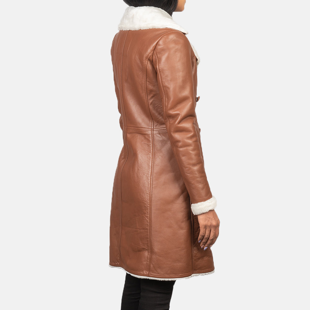 Amie Brown Double Breasted Shearling Coat - women's coat in brown sheepskin leather, view 5