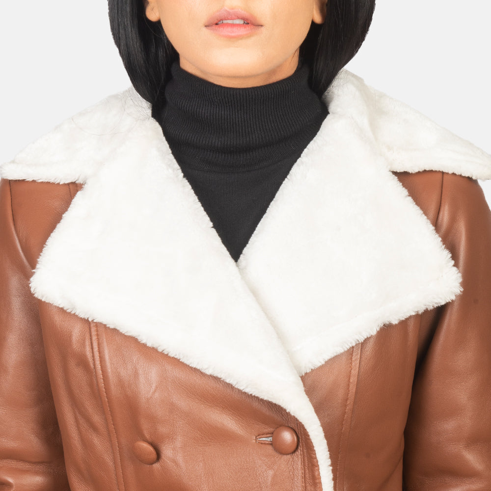 Amie Brown Double Breasted Shearling Coat - women's coat in brown sheepskin leather, view 6