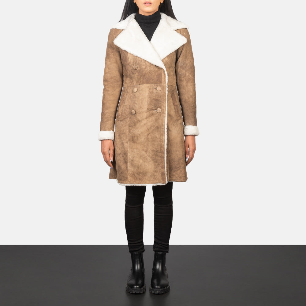 Brex Amie Distressed Brown Double Breasted Shearling Coat - women's coat in brown sheepskin leather, view 1