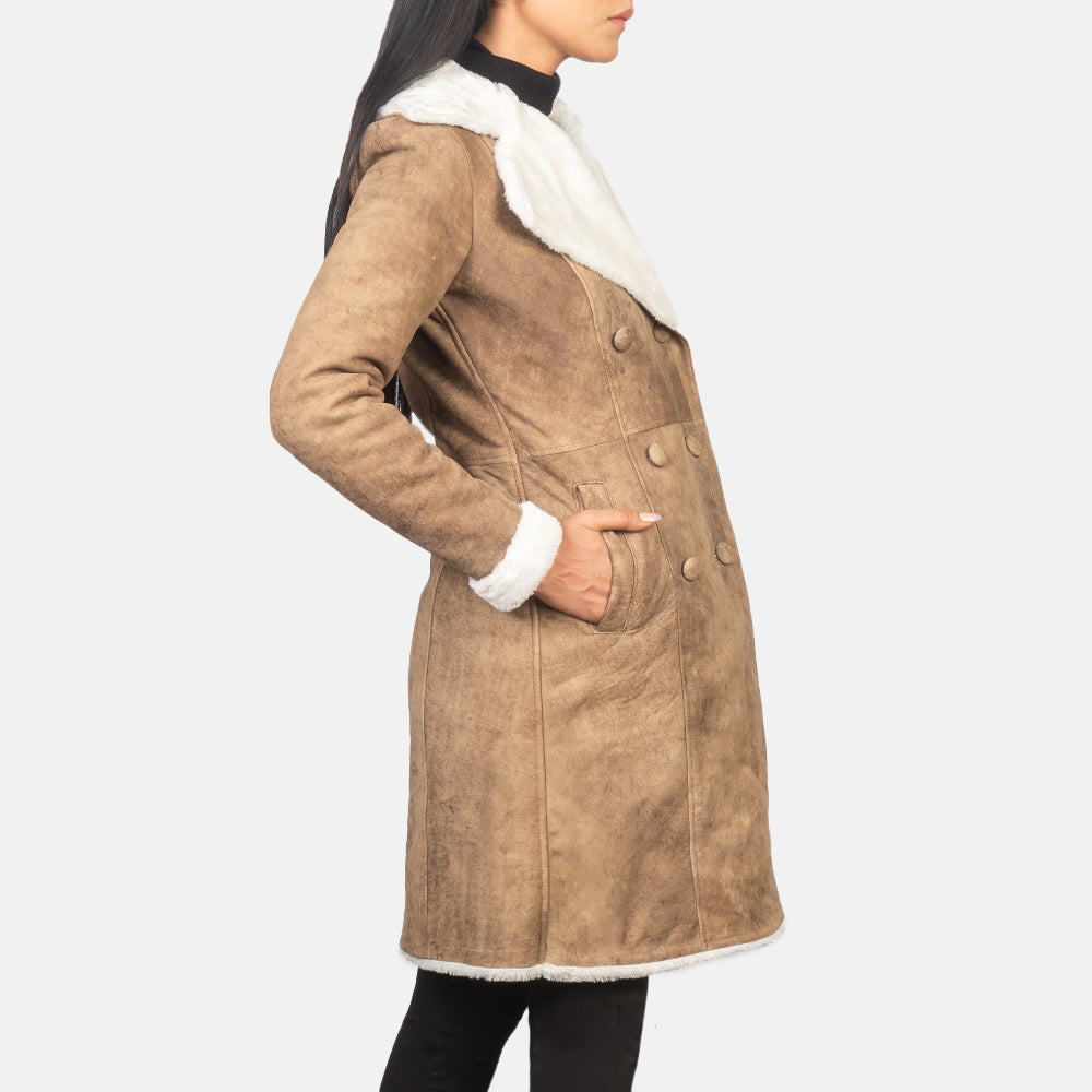 Brex Amie Distressed Brown Double Breasted Shearling Coat - women's coat in brown sheepskin leather, view 2