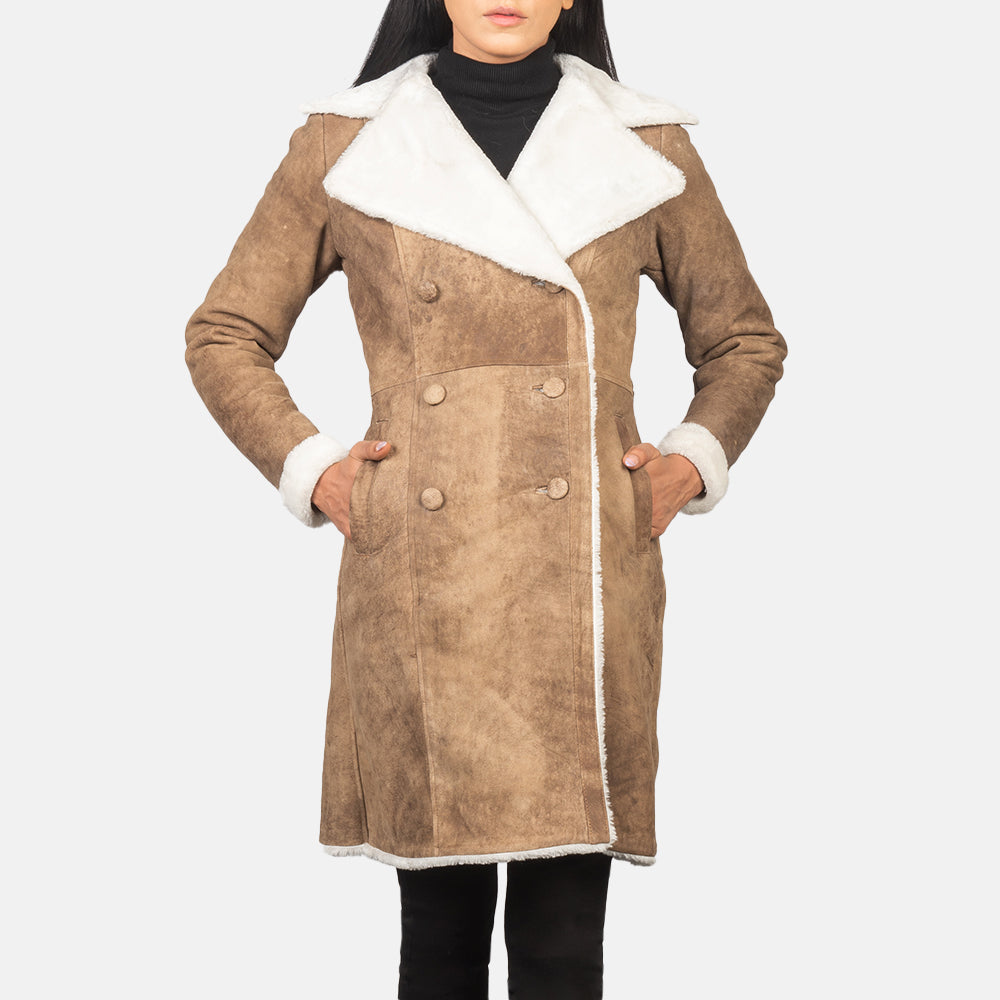 Brex Amie Distressed Brown Double Breasted Shearling Coat - women's coat in brown sheepskin leather, view 3