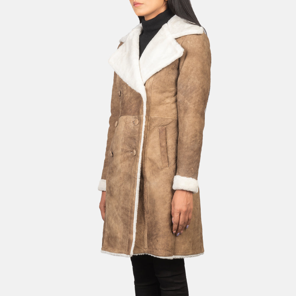 Brex Amie Distressed Brown Double Breasted Shearling Coat - women's coat in brown sheepskin leather, view 4