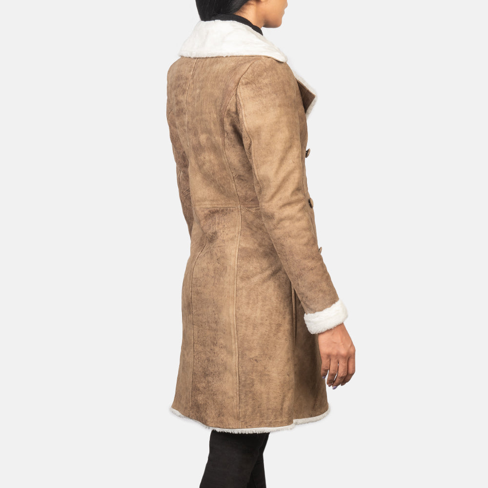 Brex Amie Distressed Brown Double Breasted Shearling Coat - women's coat in brown sheepskin leather, view 5