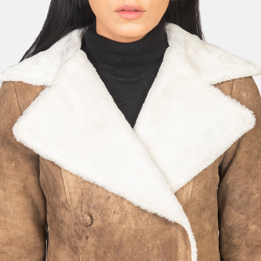 Brex Amie Distressed Brown Double Breasted Shearling Coat - women's coat in brown sheepskin leather, view 6